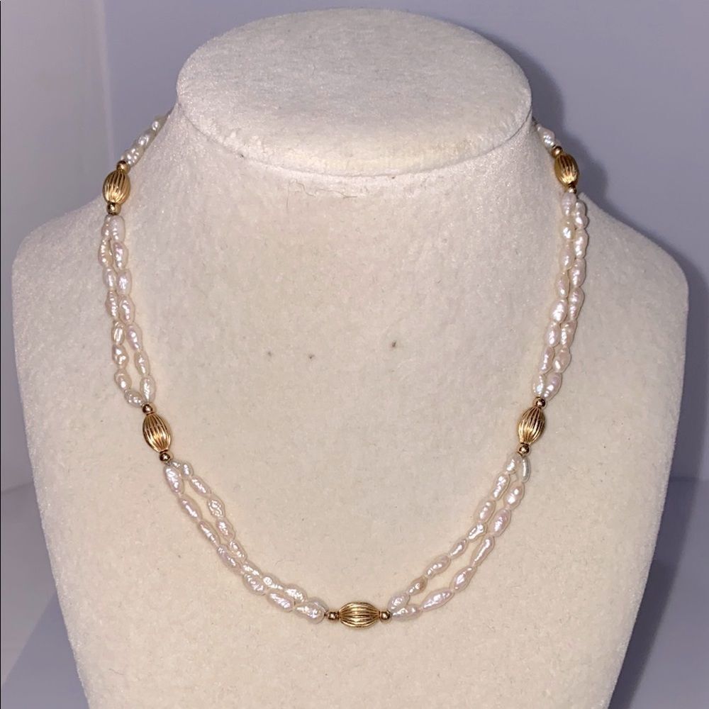 Vintage 14k Gold Seed Pearl Necklace Double Strand Gold Clasp